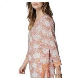 J Jill Linen Cotton Blend Embroidered Boho Long Sleeve Top Coastal Beachy Tunic